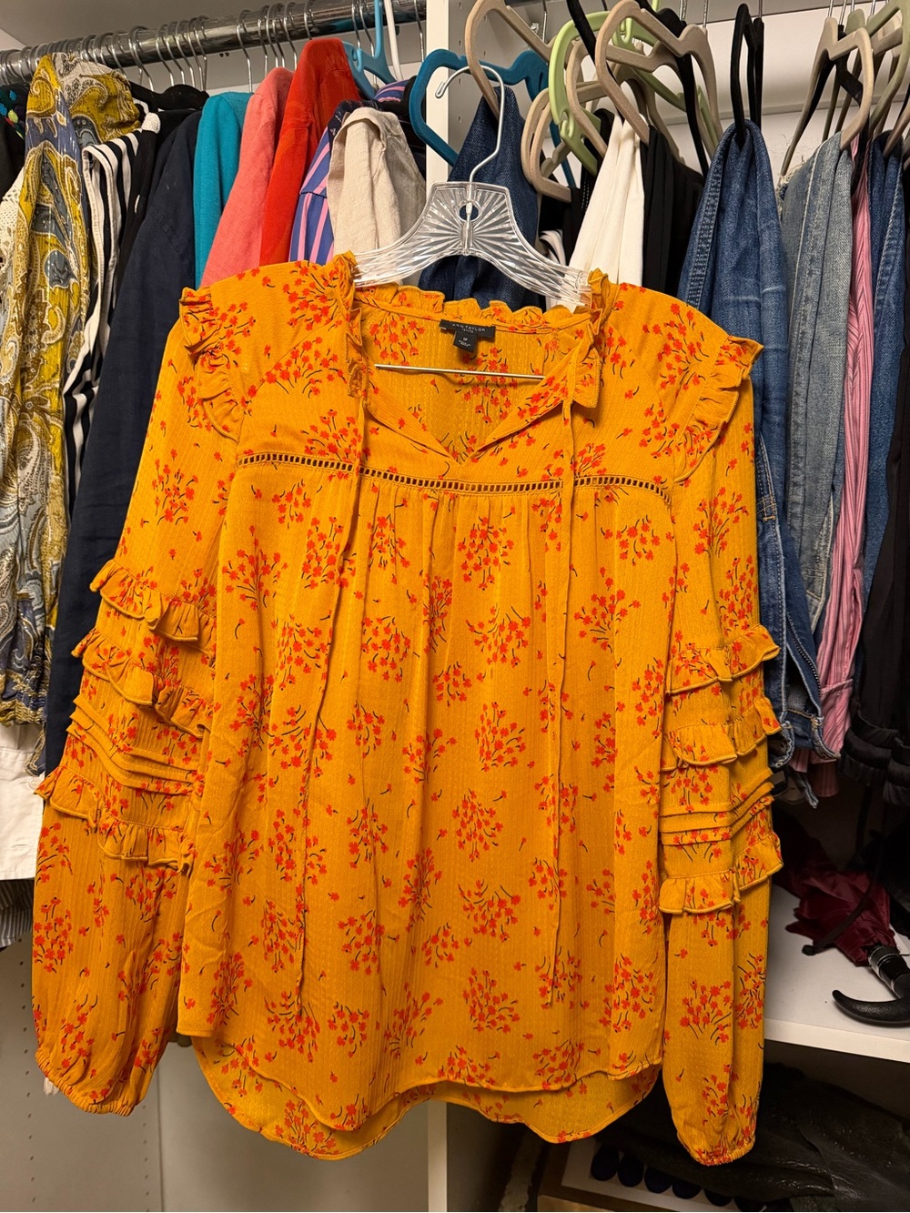 Ann Taylor Floral Ruffle Sleeve Blouse in Orange & Red